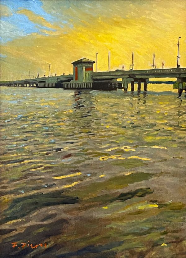 Oil painting of a golden sunset over the Trent River Drawbridge in New Bern, North Carolina.