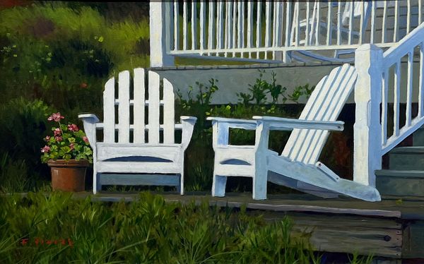 Oil painting of 2 Adirondack chairs and a pot of geraniums on a deck at Bald Head Island.