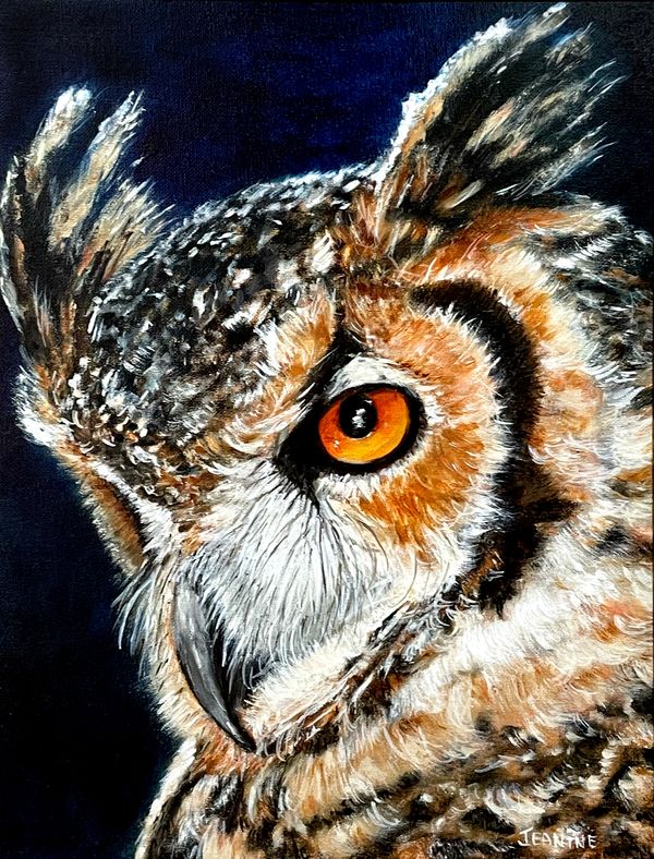 Oil painting of a Great Horned Owl by Jeanine Carfagna.