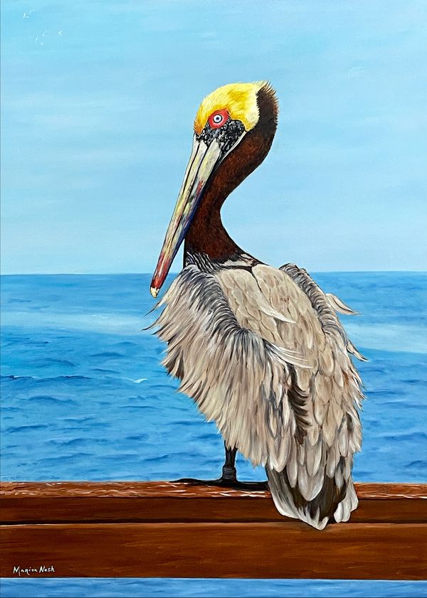 Oil painting of a brown pelican perched on a pier railing with the ocean and sky in background.