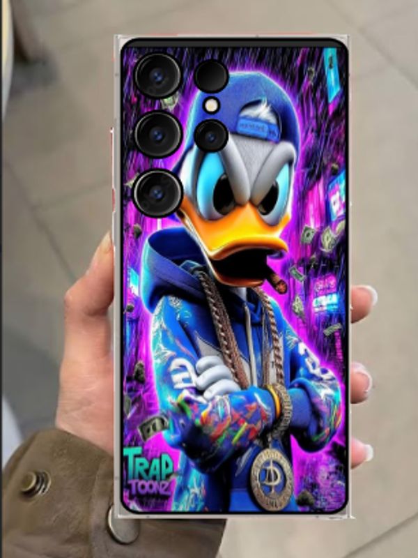 Phone case featuring a tough, street-style Donald Duck with neon effects.