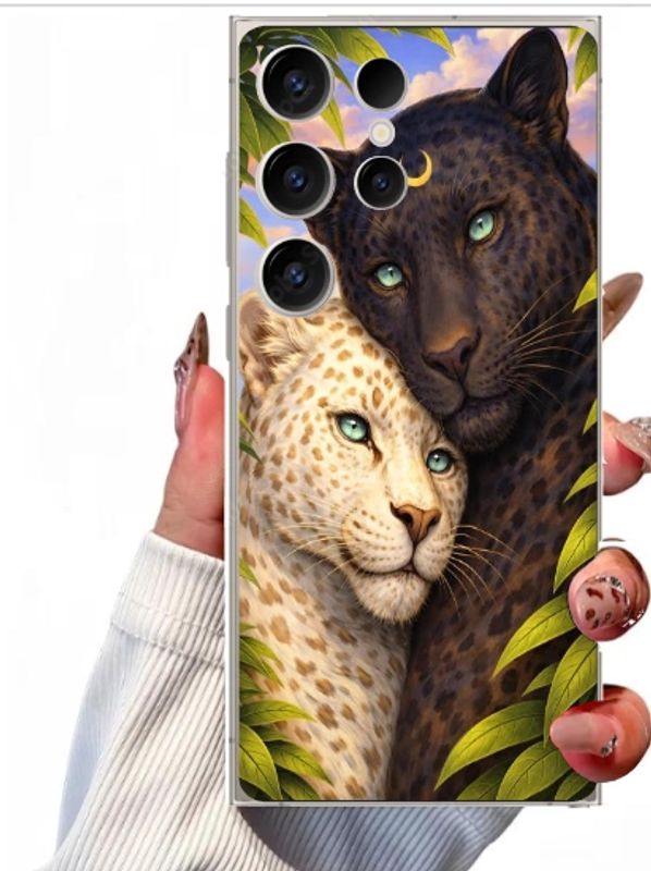 Phone case with artwork of two leopards nestled among leaves.