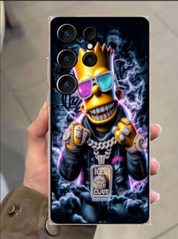 Phone case with a flashy Bart Simpson wearing sunglasses and jewelry.