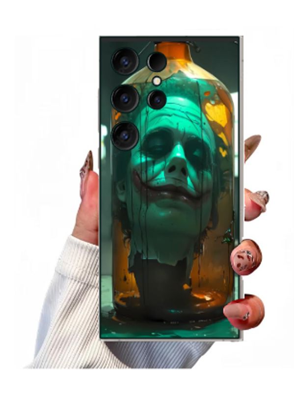 Phone case with a Joker face in a jar design.