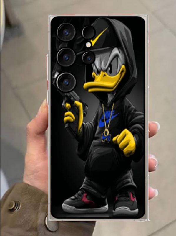 Phone case with a tough cartoon duck holding a gun and wearing streetwear.