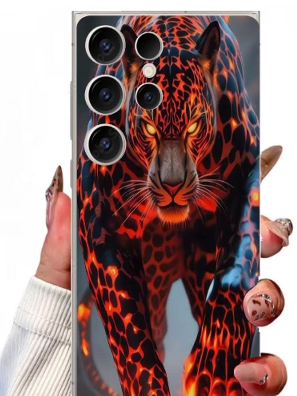Phone case with a fiery, glowing leopard design.
