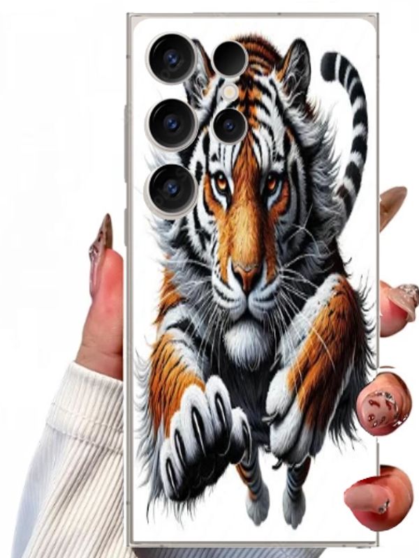 Phone case featuring a fierce tiger illustration in mid-leap.