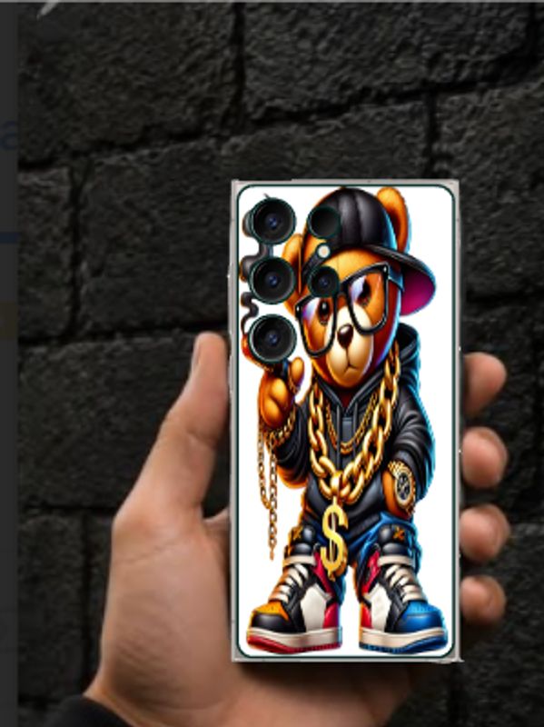 A hand holding a phone with a cool bear hip-hop design case.