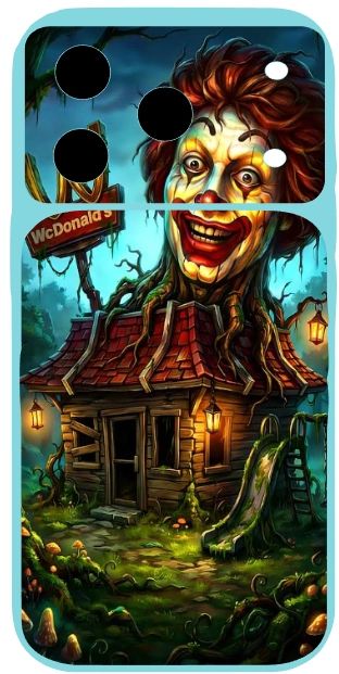 Creepy Ronald McDonald emerges from a haunted house in a dark forest.