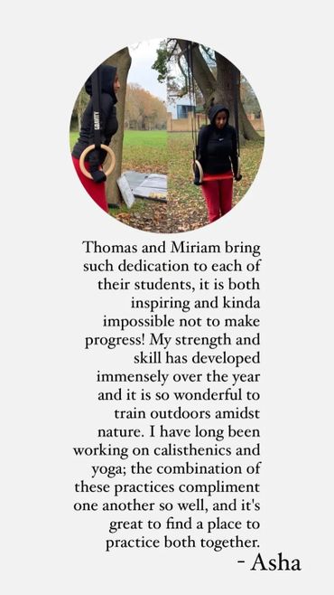 A positive review for the calisthenics training and yoga from previous client Asha.