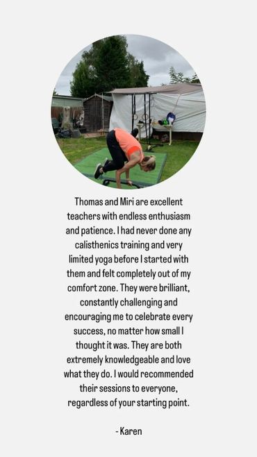 A positive review for the calisthenics training and yoga from previous client Karen.
