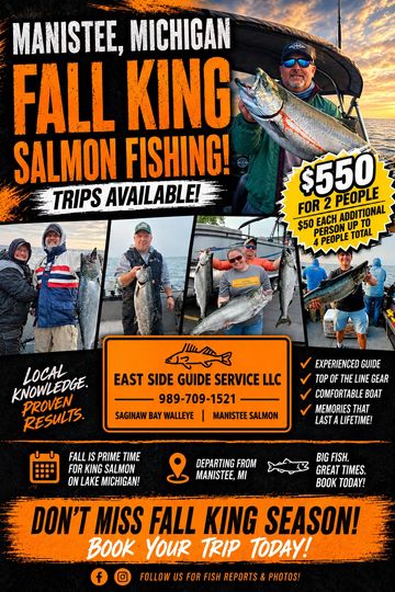 Fall king salmon fishing trips in Manistee, Michigan, with experienced guides.
