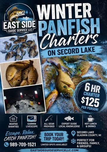 Winter panfish fishing charters on Secord Lake with East Side Guide Service.