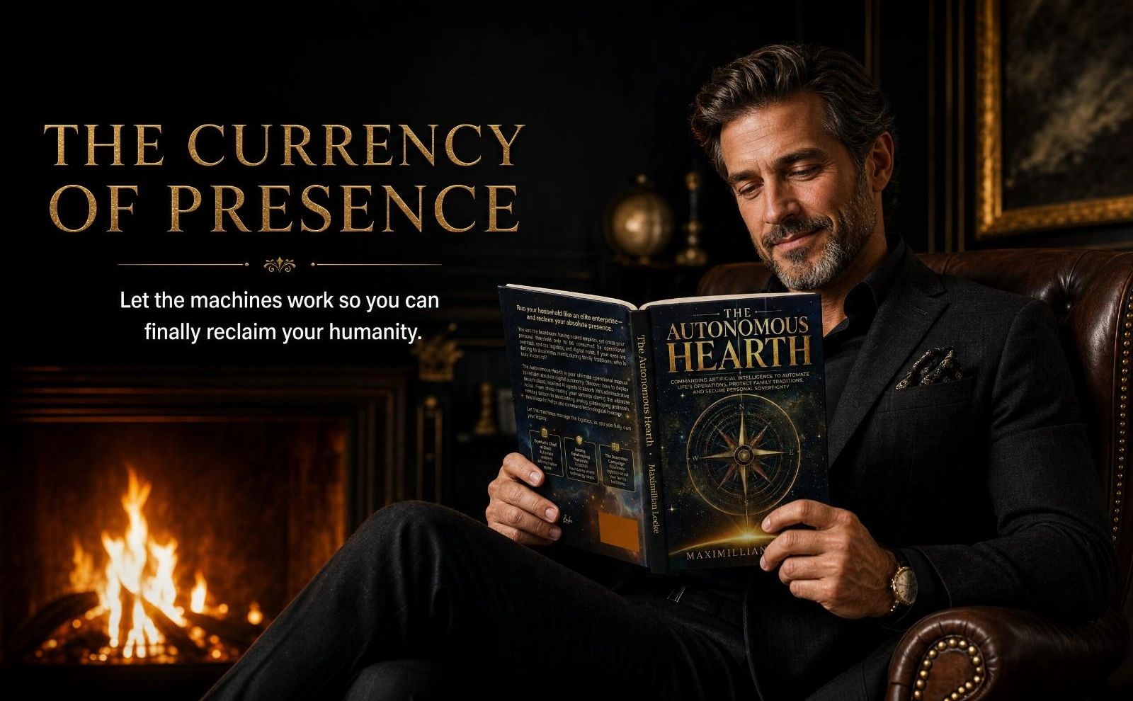 Man reading a book titled 'The Autonomous Hearth' by a cozy fireplace.