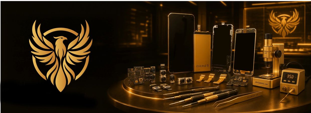 Golden phoenix logo with mobile repair tools and parts on a table.