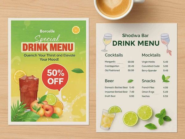 Two drink menus on a wooden table with coffee cup, featuring cocktails, mocktails, beer, and snacks.