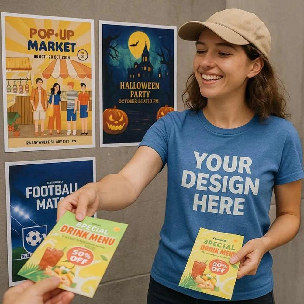 Smiling woman handing out special drink menu flyers promoting 50% off.