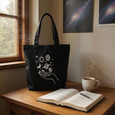 Black tote bag with space-themed design on a wooden desk with book and coffee.