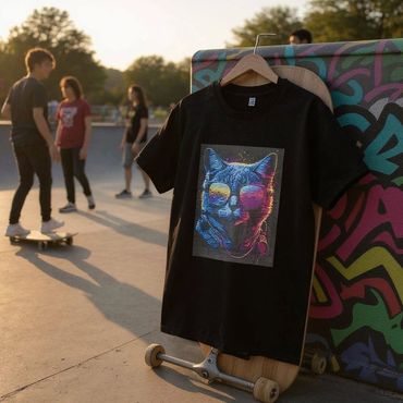 Black t-shirt with a colorful cat wearing sunglasses print hanging on a skateboard.
