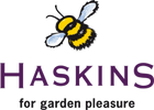 Our retailers logo - Haskins, for gardening pleasure, with bumble bee logo