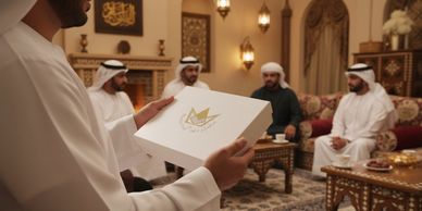 A man holding a gift box in a traditional Middle Eastern gathering.