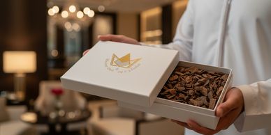 Person holding an open white gift box with chocolate pieces inside.