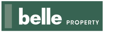 Logo of Belle Property in white text on green background.