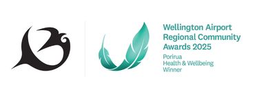 Logos for Wellington Airport Regional Community Awards 2025 and a stylized bird symbol.