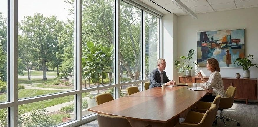 Client and attorney meeting in Grand Blanc, Michigan, at Great Lakes Law Firm.