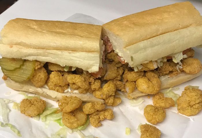 Fried shrimp poboy dressed to perfection