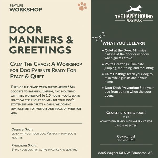 A promotion for a Door Manners and Polite Greetings Dog Training Workshop