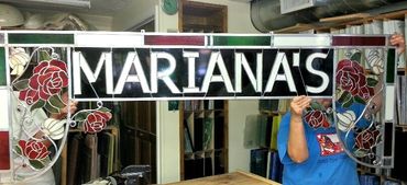 Custom stained glass Sign made for Mariana's Stinky Rose restaurant in Hernando  Florida 