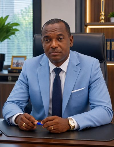 Confident man in blue suit seated at office desk.