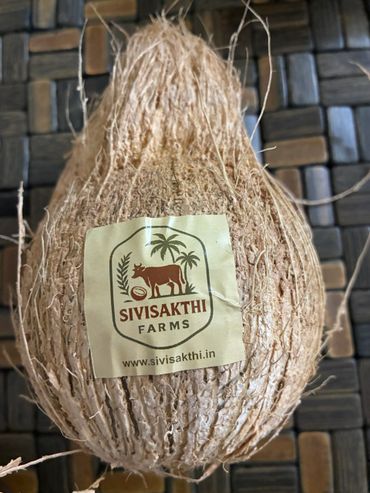 A dried coconut with a SIVISAKTHI FARMS label.
