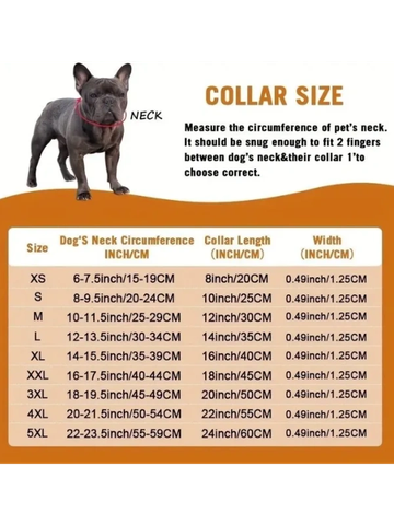 Dog collar size chart with measurements in inches and centimeters.