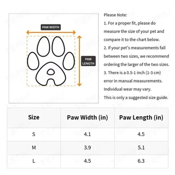 Pet paw size chart with width and length measurements for sizes S, M, and L.