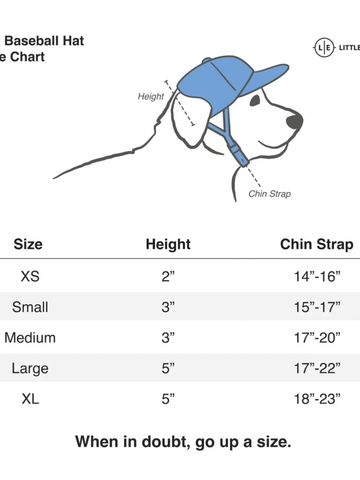 Dog baseball hat size chart with measurements for height and chin strap.