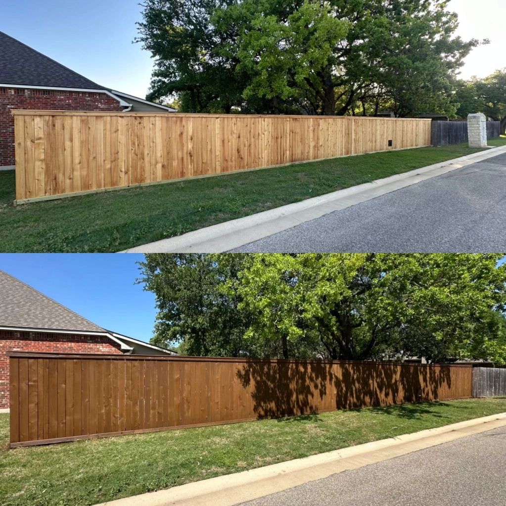 Before and after images of a wooden fence, unstained then stained brown.