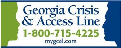 Logo for the Georgia Crisis & Access Line. The number is 1-800-715-4225 and the URL at the bottom reads mygcal.com