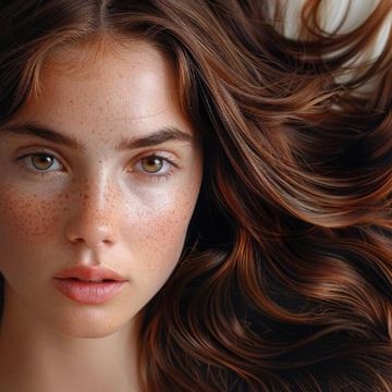 Close-up of a young woman with flowing brown hair and freckles.