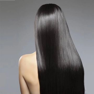 Long, smooth, shiny black hair from the back.