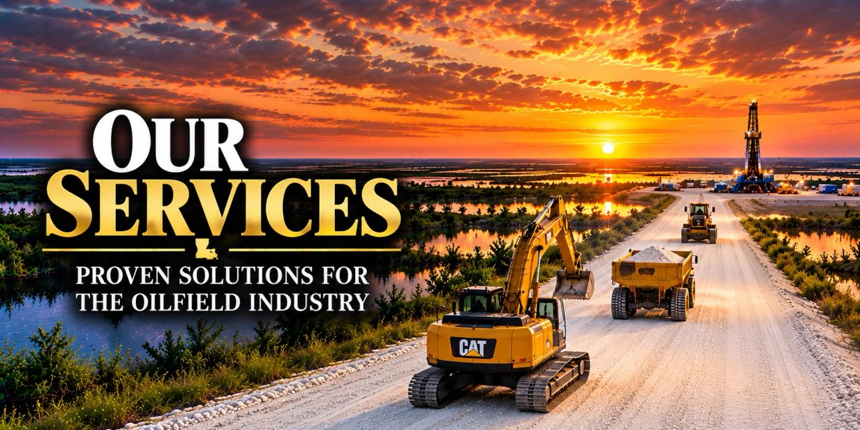 Oilfield construction equipment during a sunset with service advertisement.