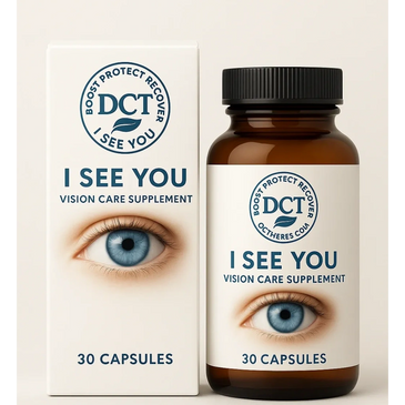 A box with an image of dct logo a healthy human eye 30 herbal capsules customed in dct secure lab
