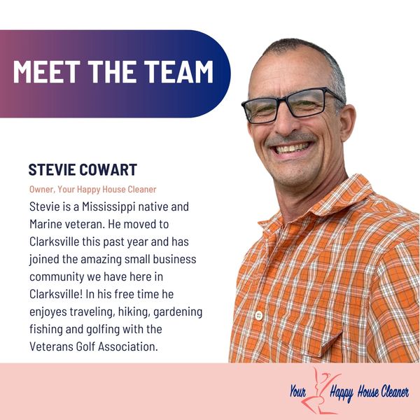 Stevie Cowart, Marine veteran and owner of Your Happy House Cleaner, enjoys outdoor activities and is active in the Clarksville small business community.