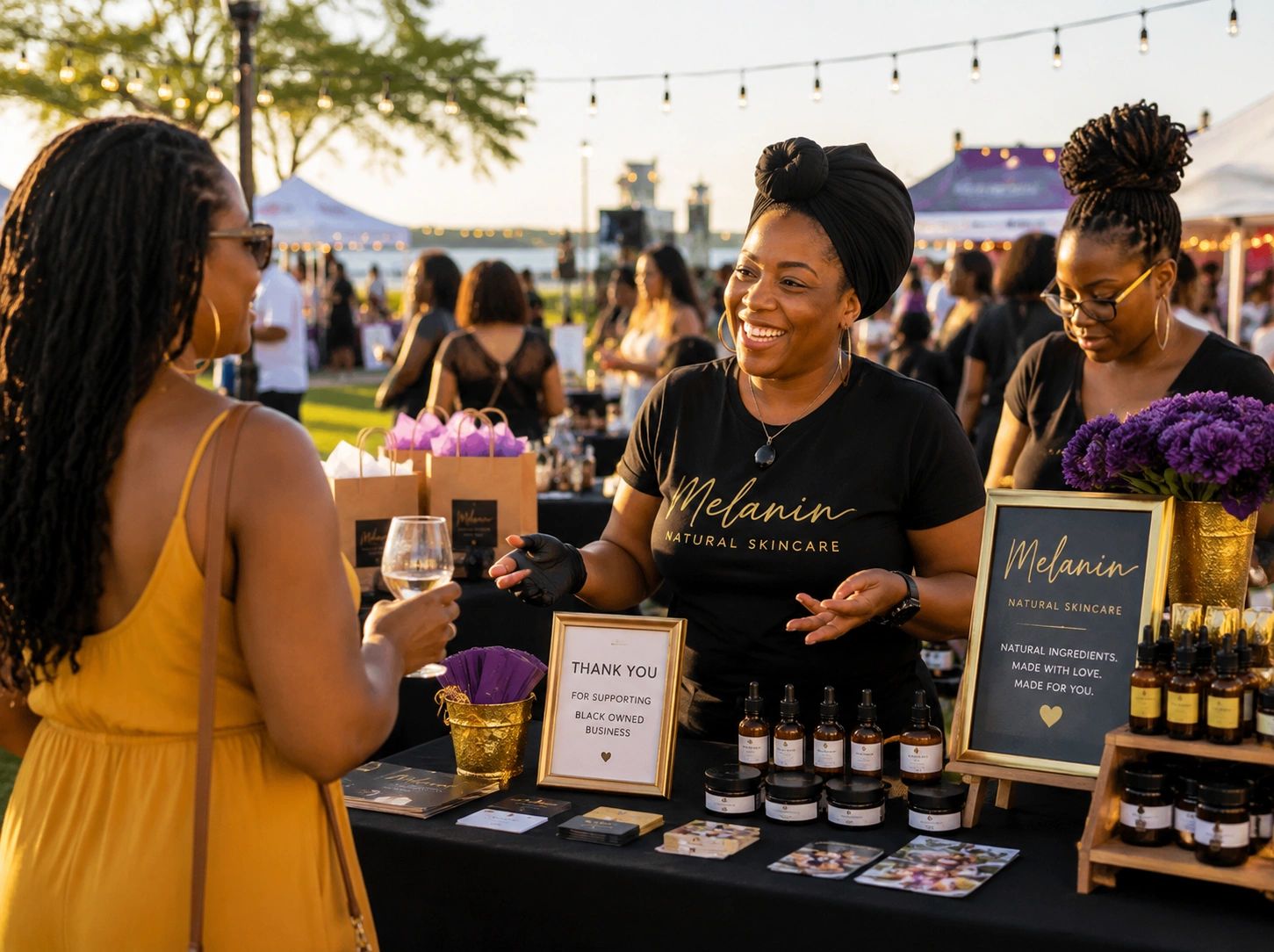 Women engage at a melanin skincare booth at an outdoor market.