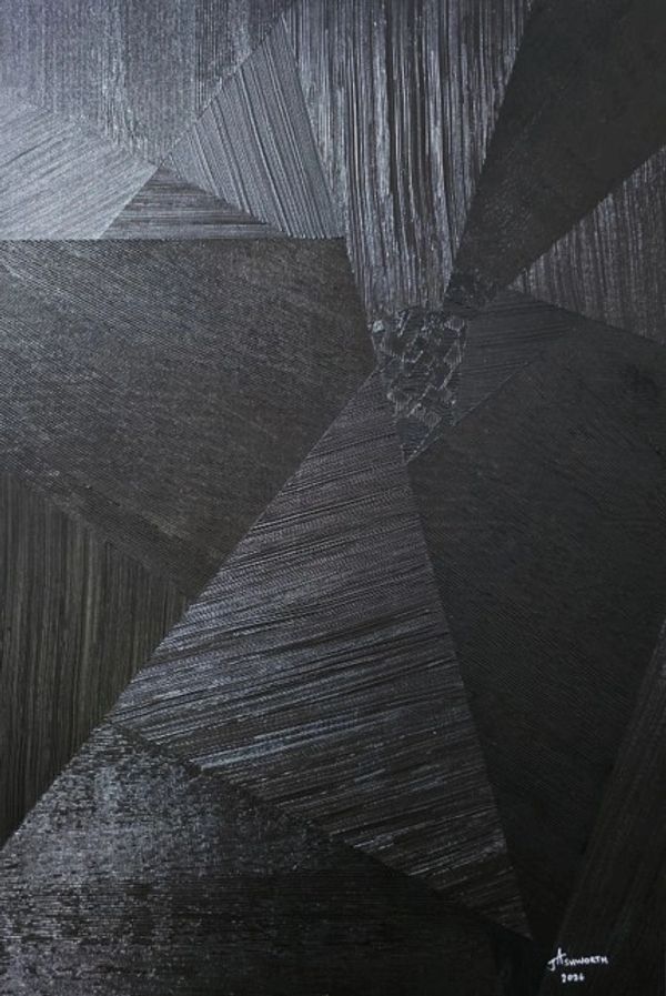 Abstract black and gray geometric painting with varied textures.