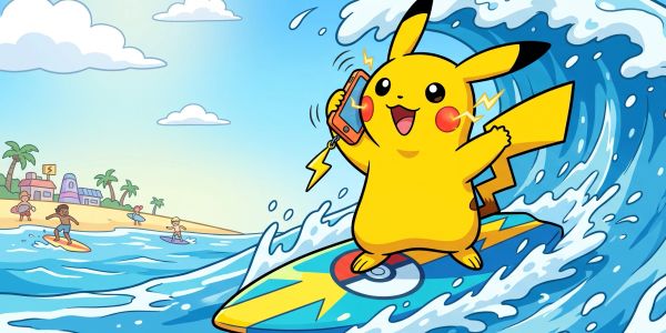Pikachu surfing with a phone on the ocean wave.