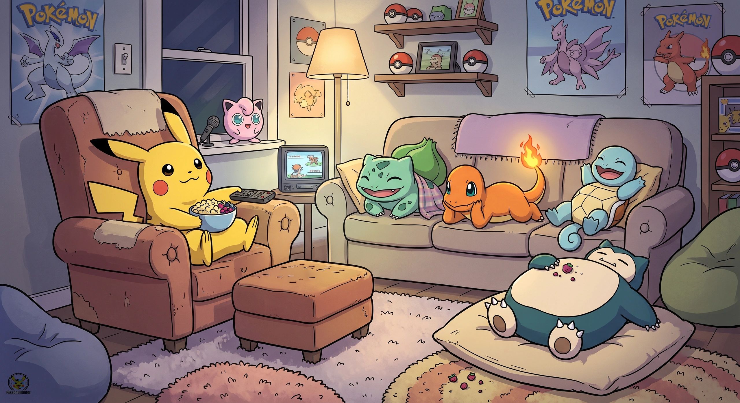 Pikachu watches TV.