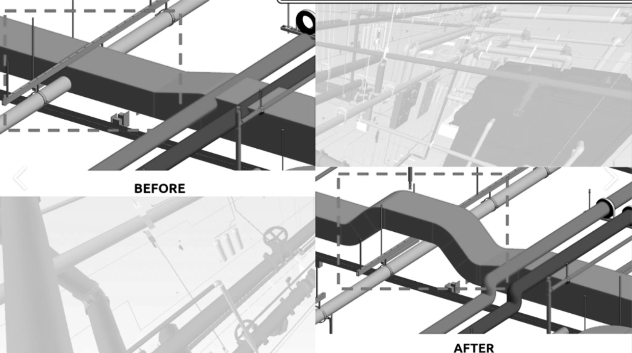 Before and after comparison of a pipeline system modification.