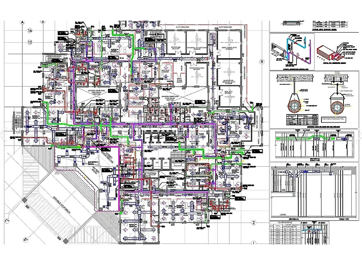 Detailed architectural floor plan with plumbing and electrical layouts.